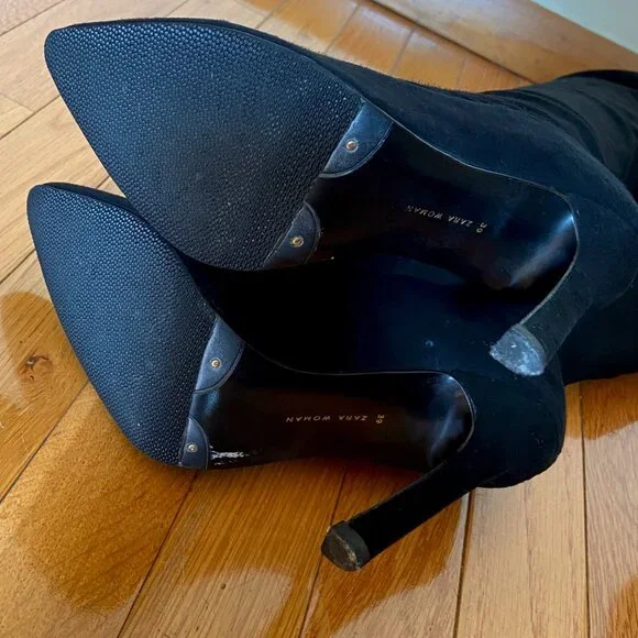 ZARA BLACK MICROSUEDE THIGH-HIGH BOOTS STILETTO HEELS 39 8 US - Picture 2 of 6